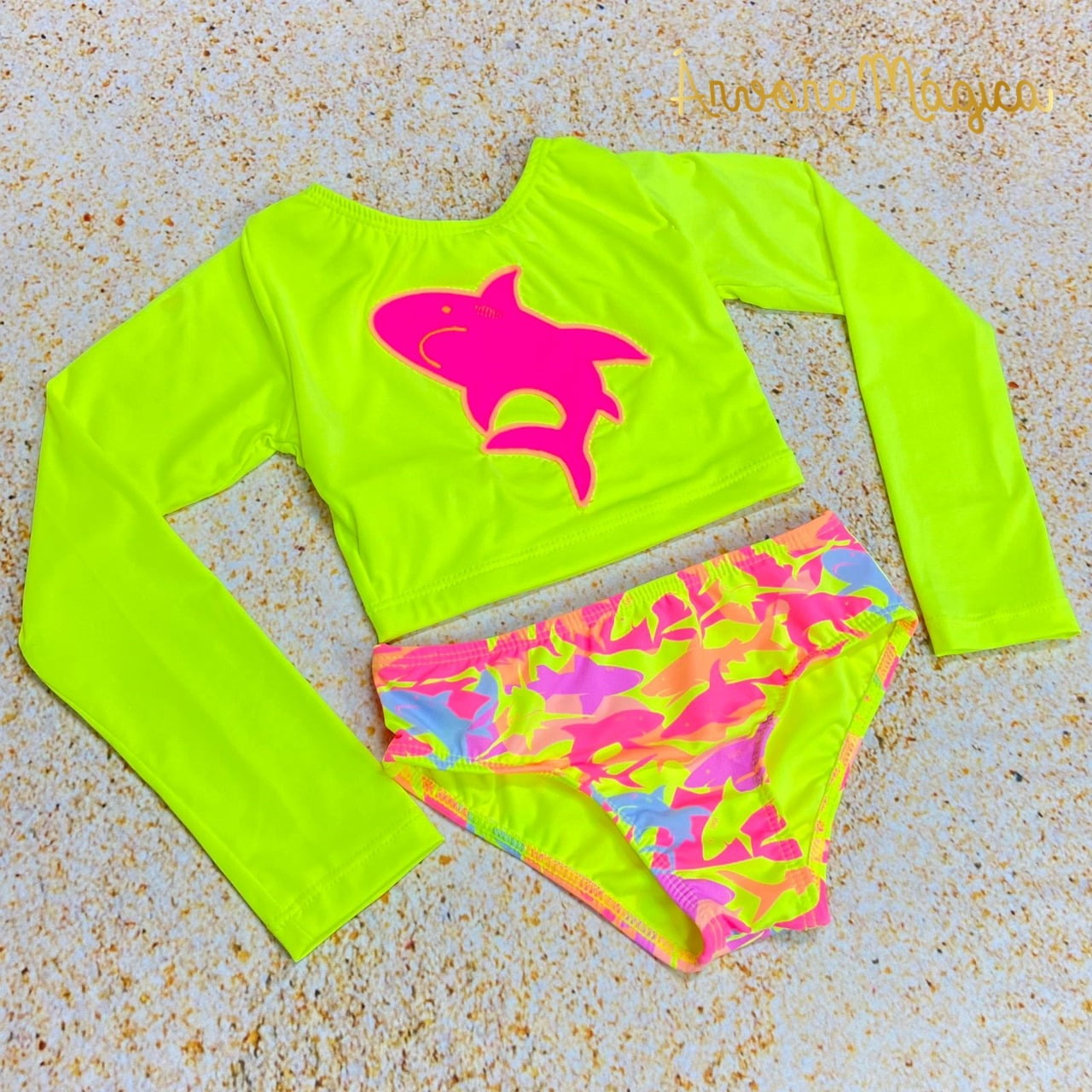 Biquíni Infantil Cropped Neon Color Shark Proteção UV 50+