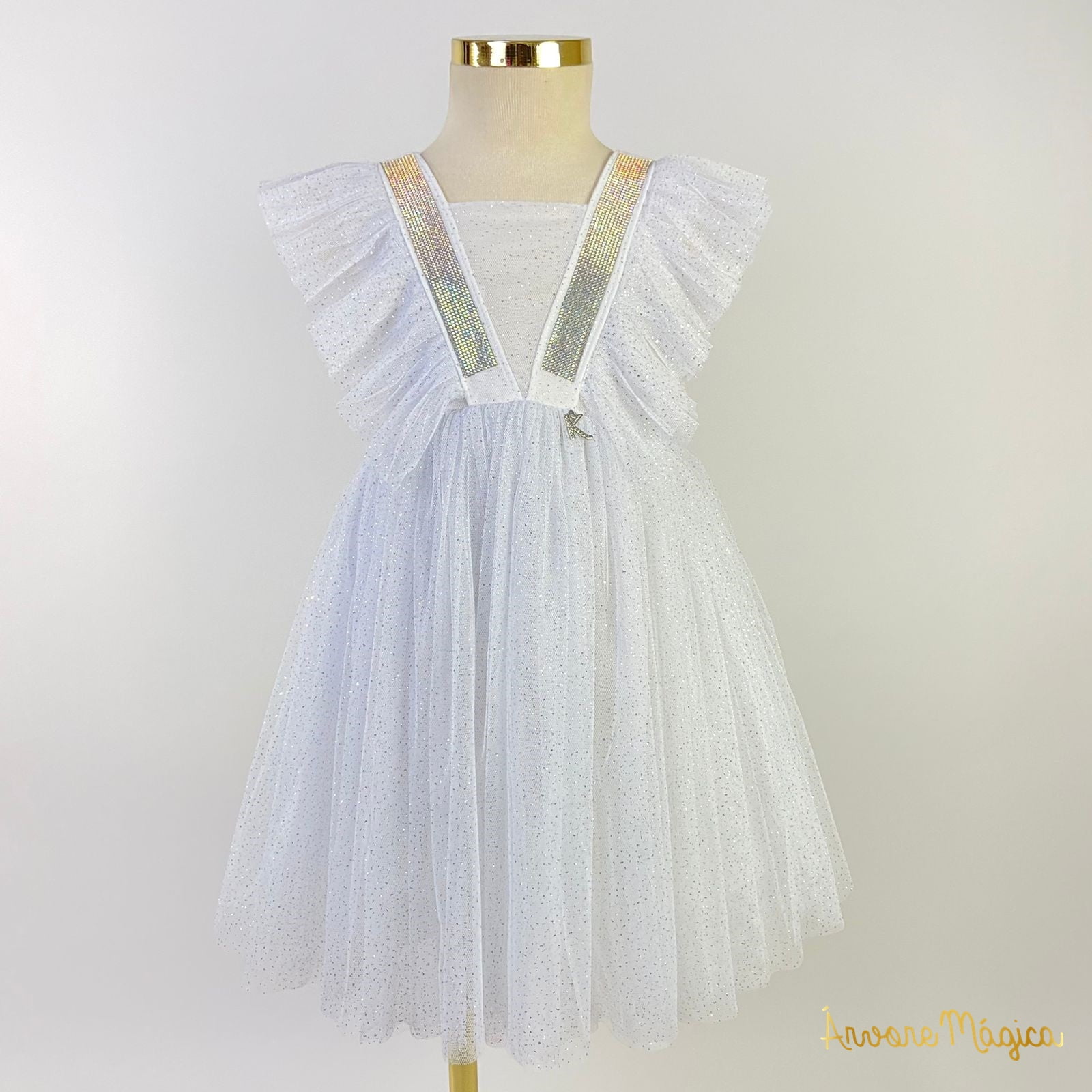 Vestido de Festa Infantil Kiki Branco Tule Glitter 