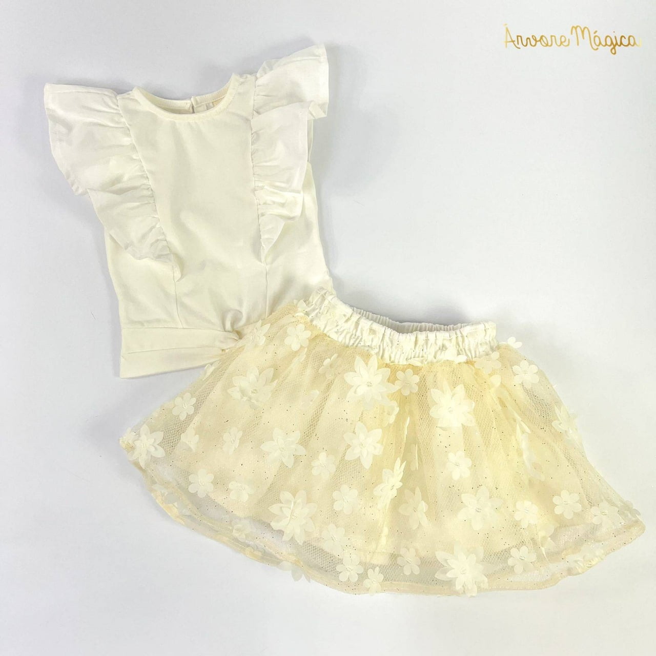 Conjunto Infantil Blusa Babados & Saia de Tule Glitter Flores 3D Animê 