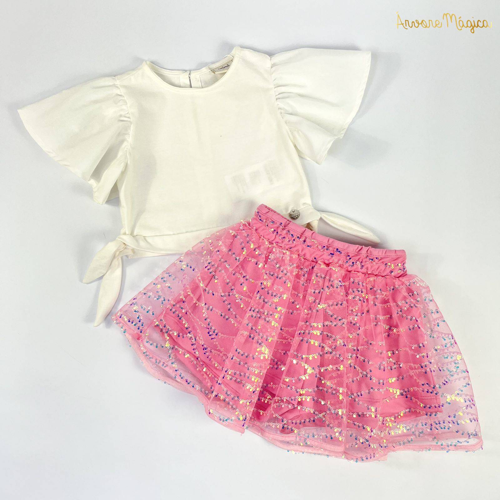 Conjunto Infantil Blusa & Saia Tule Rosa Paetês Animê