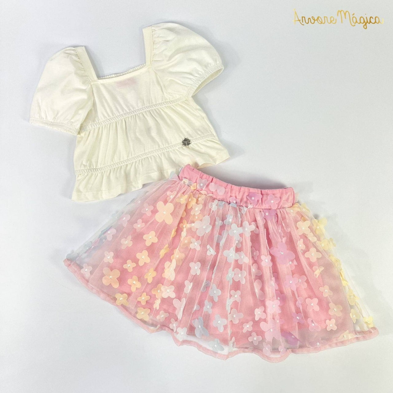 Conjunto  Infantil Momi Blusa & Saia  Flores 3D Candy