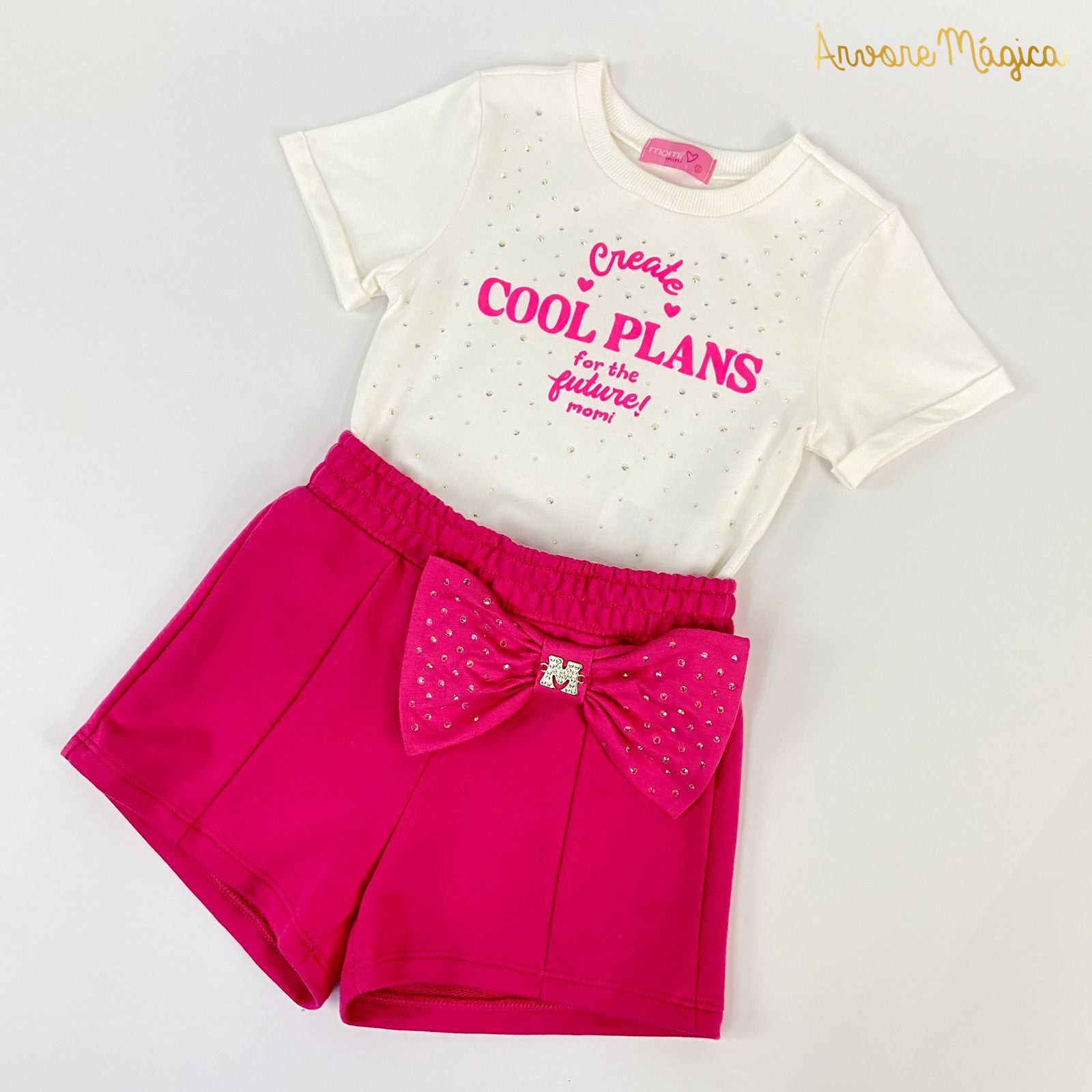 Conjunto Infantil Momi Blusa Strass & Short Rosa Laço