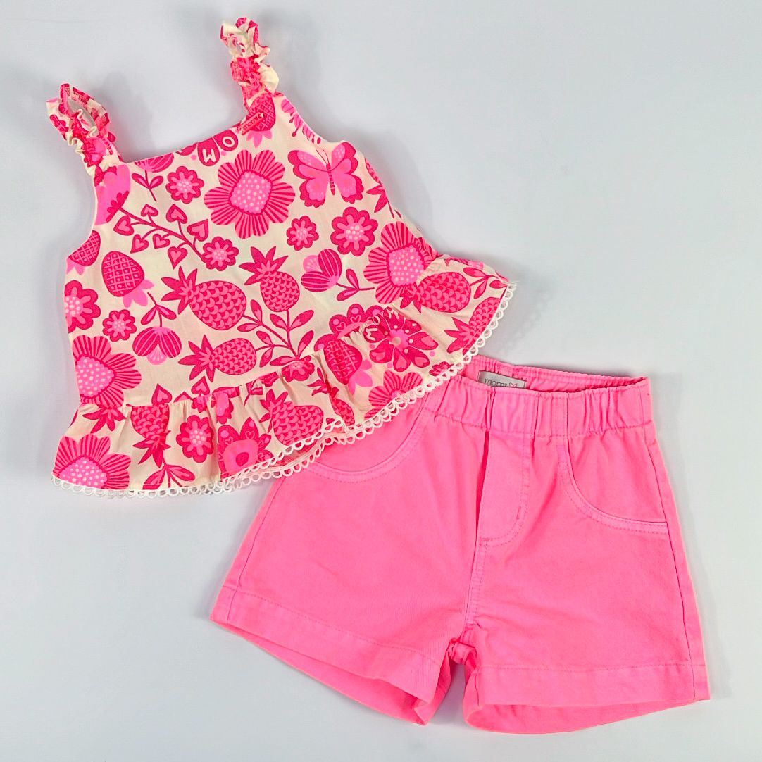 Conjunto Infantil Momi Neon Blusa Flores Rosa & Short