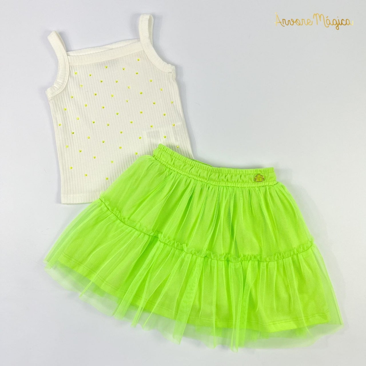 Conjunto Infantil Momi Regata Strass & Saia Tule Verde Neon