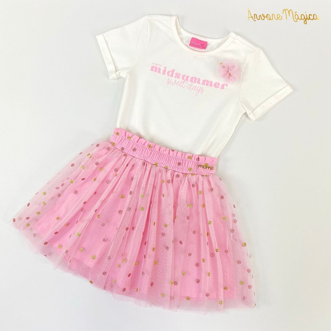 Conjunto Infantil Momi T-Shirt Flor 3D & Saia de Tule Glitter 