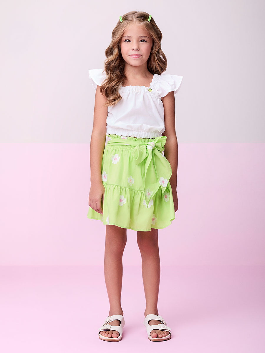 Conjunto Infantil Momi Cropped Branco & Saia Verde Flores Bordadas 