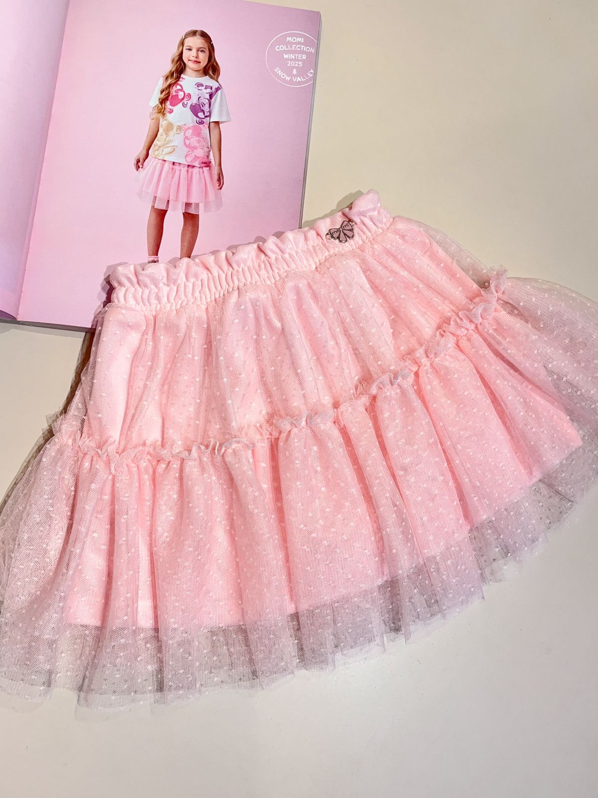 Saia Infantil Tule Flocado Rosa Momi