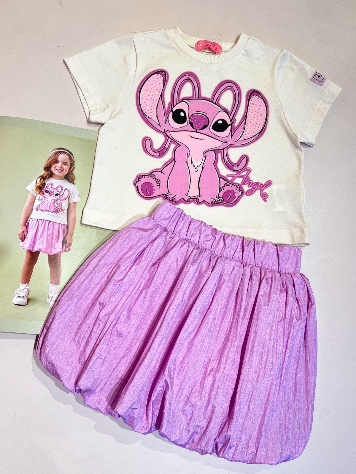 Conjunto Infantil Angel Disney e Saia Balonê Momi