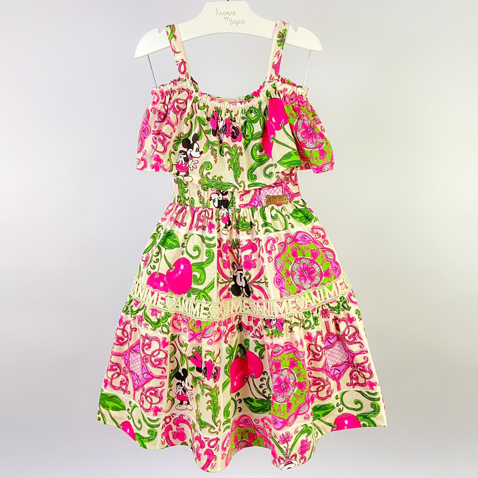 Vestido Infantil Animê Floral Minnie e Mickey Disney