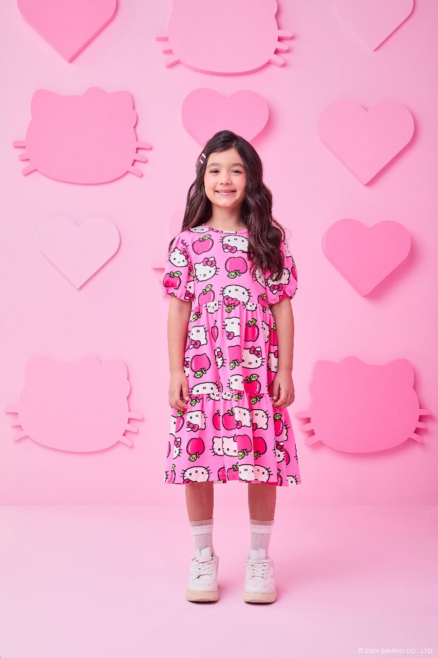 Vestido Infantil Momi Rosa Maçãzinhas Hello Kitty