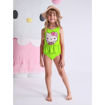 Maiô Infantil Hello Kitty Verde Neon