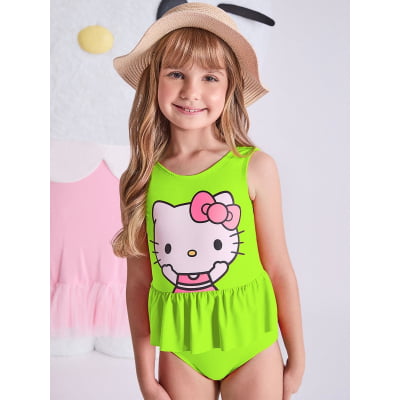 Maiô Infantil Hello Kitty Verde Neon