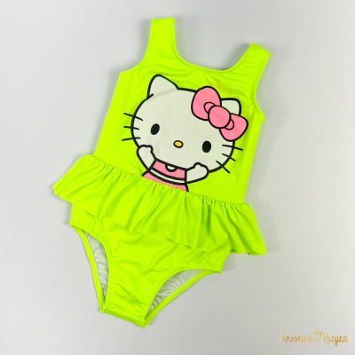 Maiô Infantil Hello Kitty Verde Neon