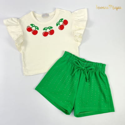 Conjunto Infantil Momi Blusa Cerejinhas Strass & Short Verde 