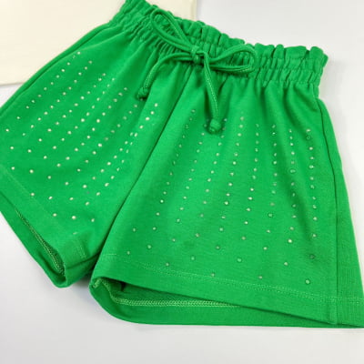 Conjunto Infantil Momi Blusa Cerejinhas Strass & Short Verde 