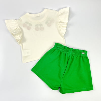 Conjunto Infantil Momi Blusa Cerejinhas Strass & Short Verde 