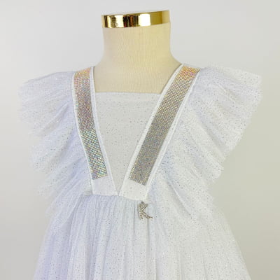 Vestido de Festa Infantil Kiki Branco Tule Glitter 