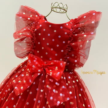 Vestido de Festa Infantil  Vermelho Tule Poá Furta-Cor Petit Cherie