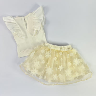 Conjunto Infantil Blusa Babados & Saia de Tule Glitter Flores 3D Animê 