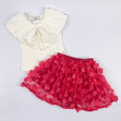 Conjunto Infantil Blusa & Saia Tule Flores Animê