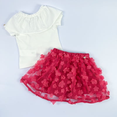 Conjunto Infantil Blusa & Saia Tule Flores Animê