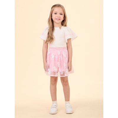 Conjunto Infantil Blusa & Saia Tule Rosa Laços Paetês Animê