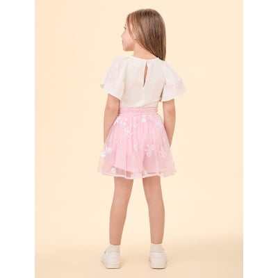 Conjunto Infantil Blusa & Saia Tule Rosa Laços Paetês Animê