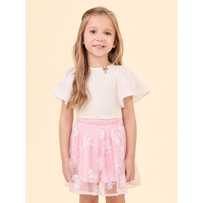 Conjunto Infantil Blusa & Saia Tule Rosa Laços Paetês Animê