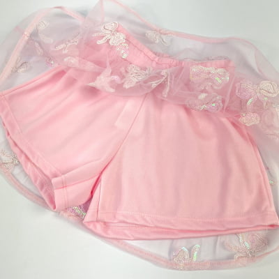 Conjunto Infantil Blusa & Saia Tule Rosa Laços Paetês Animê