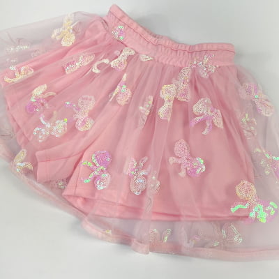 Conjunto Infantil Blusa & Saia Tule Rosa Laços Paetês Animê