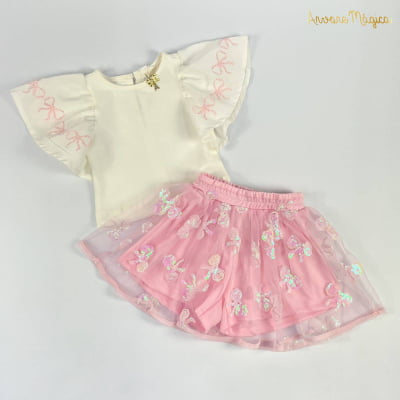 Conjunto Infantil Blusa & Saia Tule Rosa Laços Paetês Animê