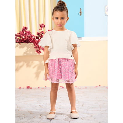 Conjunto Infantil Blusa & Saia Tule Rosa Paetês Animê