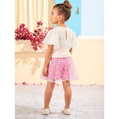 Conjunto Infantil Blusa & Saia Tule Rosa Paetês Animê