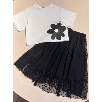 Conjunto Infantil Blusa Flor e Saia Tule Poás Málagah