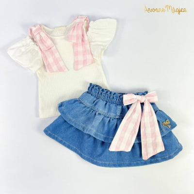 Conjunto Infantil Blusa Laço Xadrez & Saia Jeans Babados Animê 