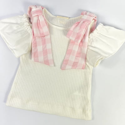 Conjunto Infantil Blusa Laço Xadrez & Saia Jeans Babados Animê 