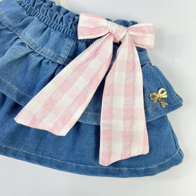 Conjunto Infantil Blusa Laço Xadrez & Saia Jeans Babados Animê 