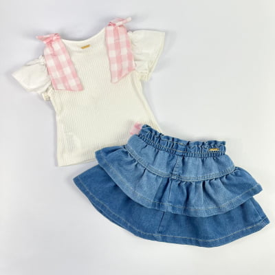 Conjunto Infantil Blusa Laço Xadrez & Saia Jeans Babados Animê 