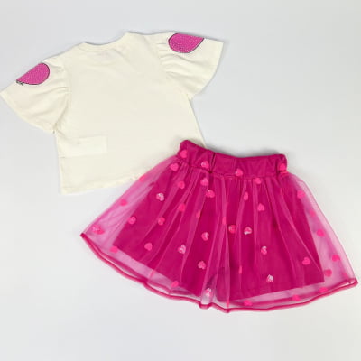 Conjunto Infantil Momi Blusa & Saia de Tule Paetês Neon Rosa