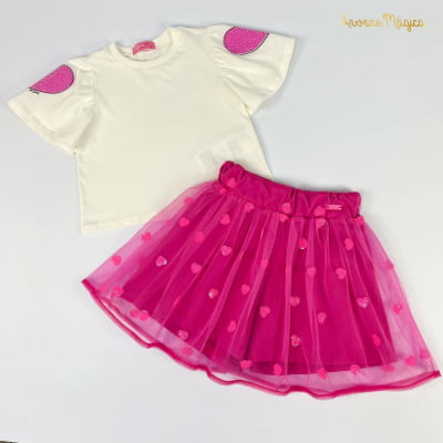 Conjunto Infantil Momi Blusa & Saia de Tule Paetês Neon Rosa