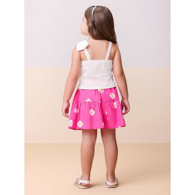 Conjunto Infantil Momi Blusa Off White Laço & Saia Flores Bordadas