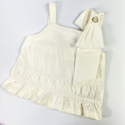 Conjunto Infantil Momi Blusa Off White Laço & Saia Flores Bordadas