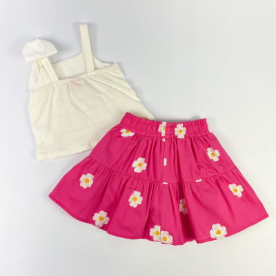 Conjunto Infantil Momi Blusa Off White Laço & Saia Flores Bordadas