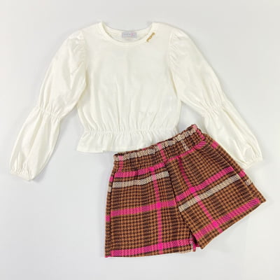 Conjunto Infantil Momi Blusa Off White Short Tweed