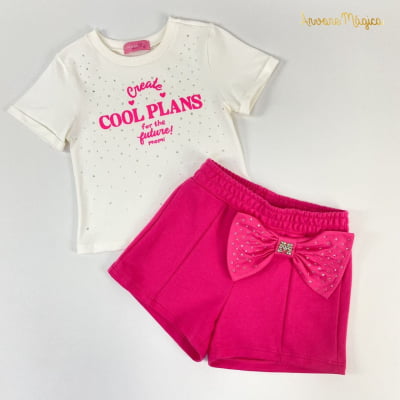 Conjunto Infantil Momi Blusa Strass & Short Rosa Laço