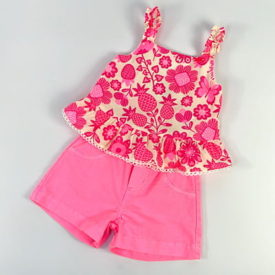 Conjunto Infantil Momi Neon Blusa Flores Rosa & Short