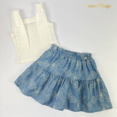 Conjunto Infantil Momi Regata Pérolas & Saia Flores Bordadas