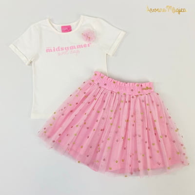 Conjunto Infantil Momi T-Shirt Flor 3D & Saia de Tule Glitter 