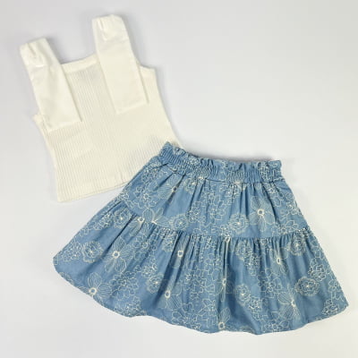 Conjunto Infantil Momi Regata Pérolas & Saia Flores Bordadas