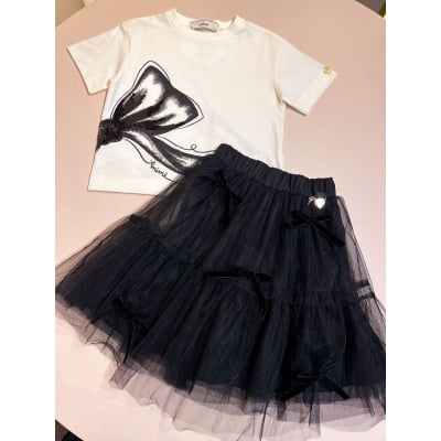 Conjunto Infantil Blusa e Saia de Tule Laços Bordados Animê